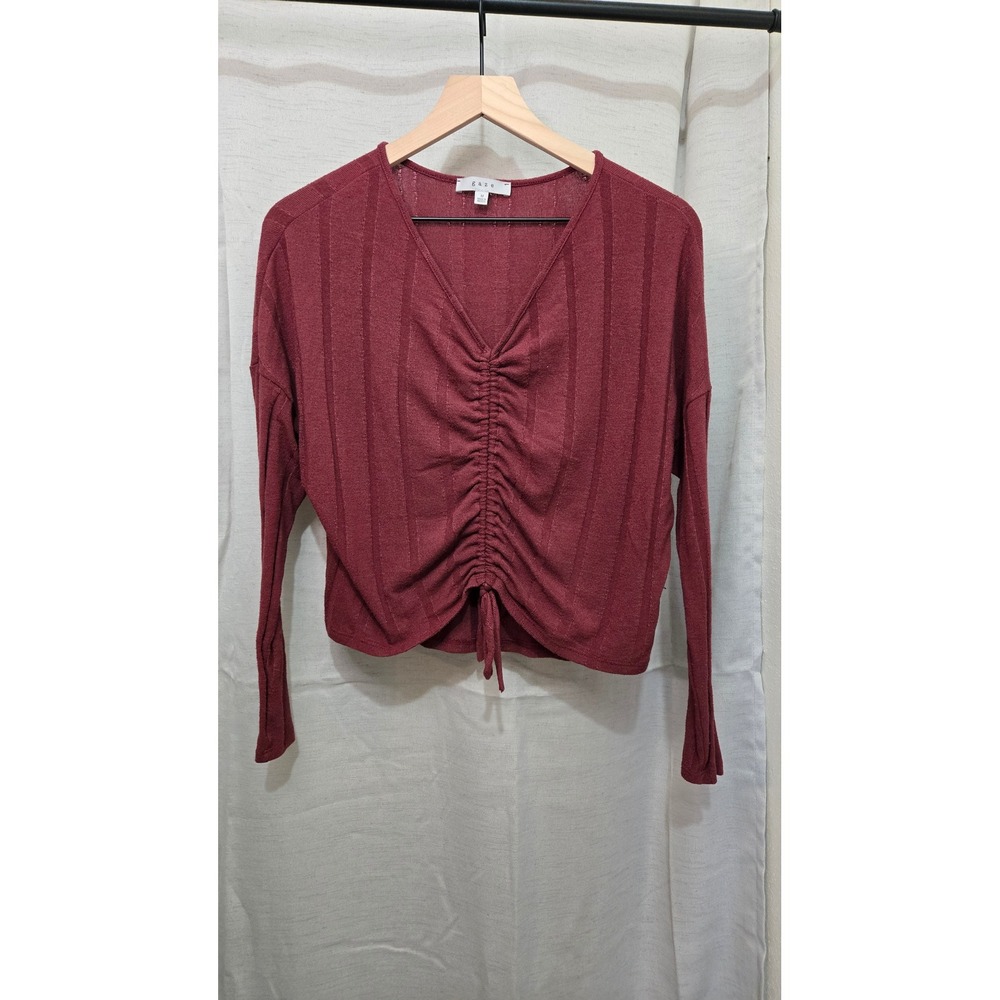 Gaze Burgundy Cinched Front V-Neck Long Sleeve Ribbed Knit Top Medium